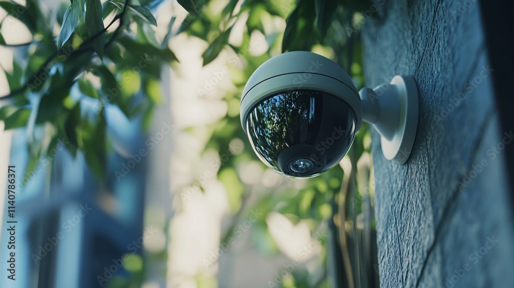Naklejka premium A modern security camera mounted on a wall, surrounded by greenery, blending technology with nature.