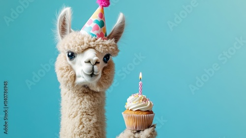 happy birthday carnival new year s eve sylvester or other festive celebration funny animals card alpaca with party hat and cupcake with candle isolated on blue background photo