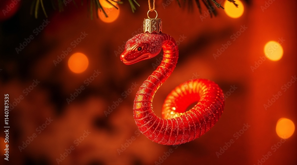 Obraz premium Red snake-shaped Christmas ornament hanging on a pine branch with festive bokeh lights