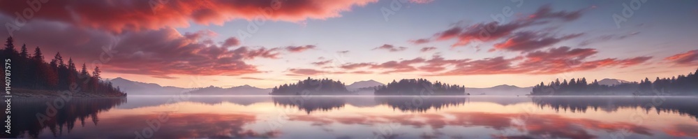 Gentle morning mist with red and white clouds drifting across a serene lake, calm water, quiet moment Gentle morning mist with red and white clouds drifting across a serene lake, calm water, quiet moment