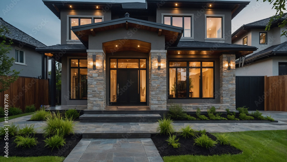 A contemporary two-story house with grey siding, stone accents, and large windows is illuminated at dusk.  The landscaping includes neatly trimmed shrubs and a paved walkway leading to the front door.