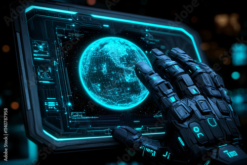A robotic hand is touching a screen with a blue planet on it