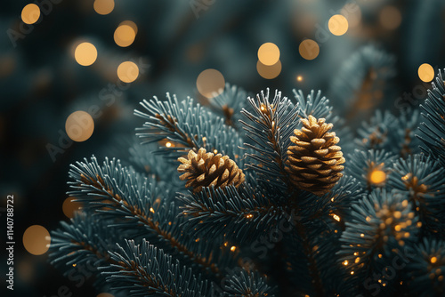 A macro shot of frost-covered greenery with golden glitter accents. photo