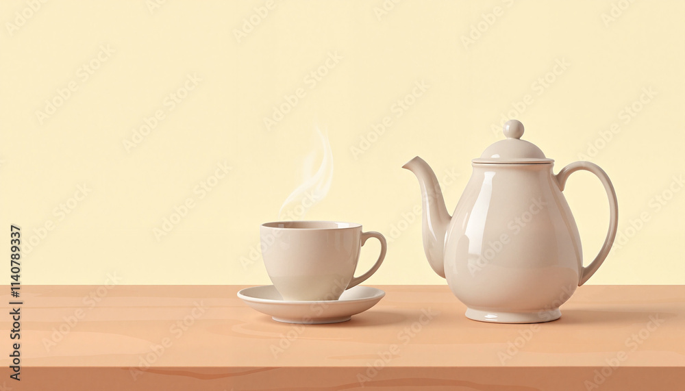 Beige teapot and steaming cup of tea on wooden table. Beige teapot and steaming cup of tea on wooden table.