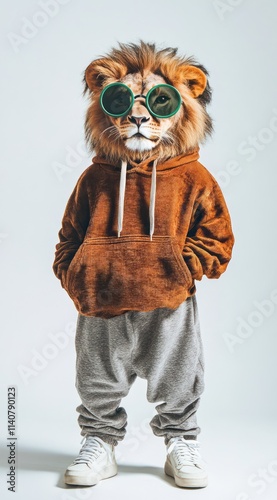 A lion in sunglasses and a hoodie, combining animal traits with urban fashion. photo