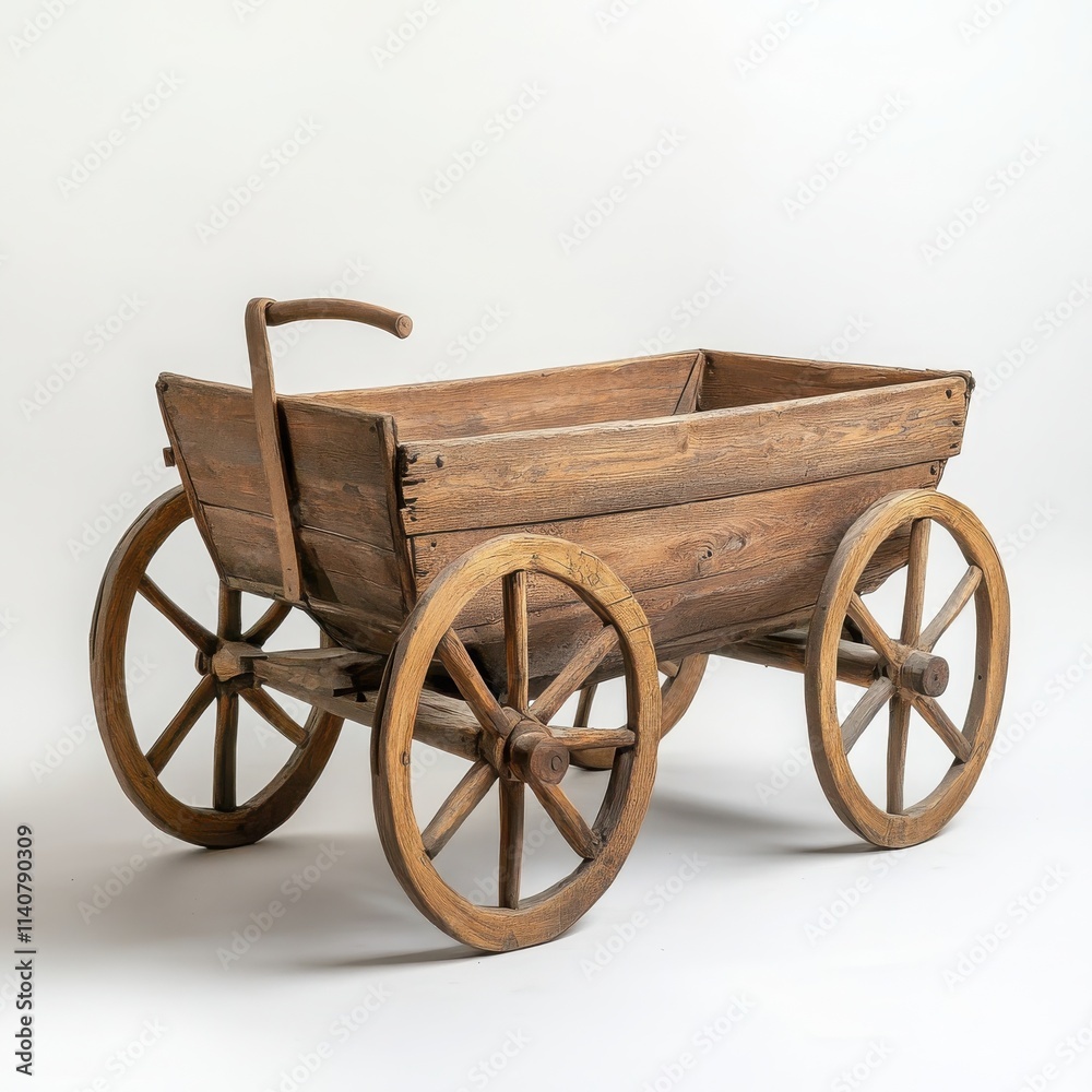 A classic wooden cart with two large wheels and a simple handle on a white background A classic wooden cart with two large wheels and a simple handle on a white background