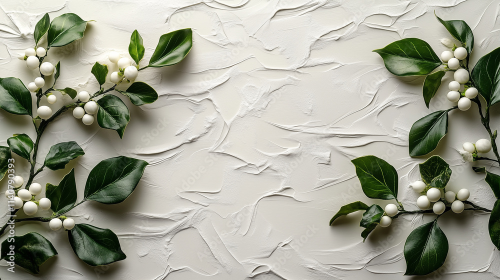 A sprig of mistletoe lying diagonally across a textured white background. A sprig of mistletoe lying diagonally across a textured white background.