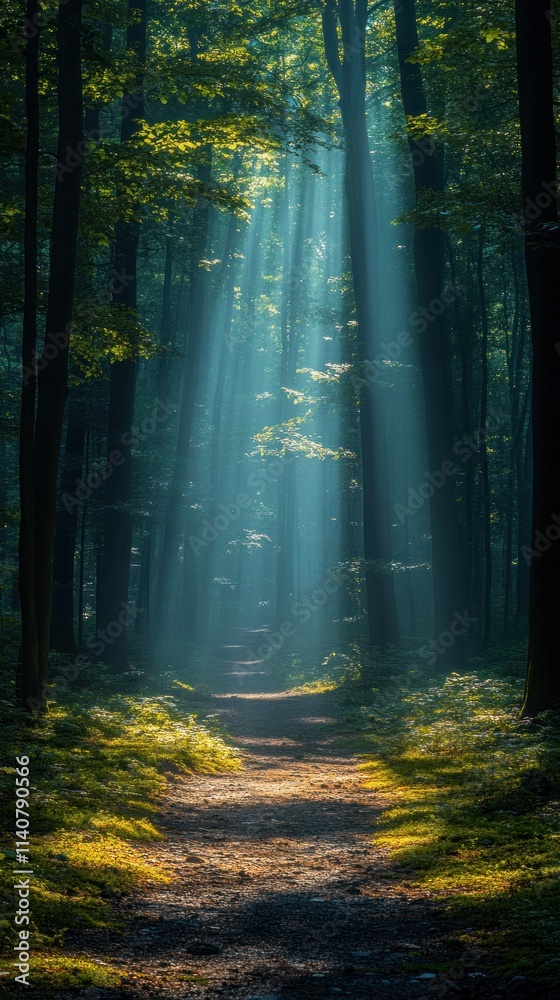 Fototapeta premium A serene forest path illuminated by sunlight filtering through the trees.