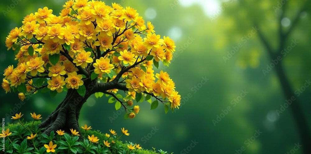 Golden flowers tower like tree branches with lush greenery, flowers, arrangement