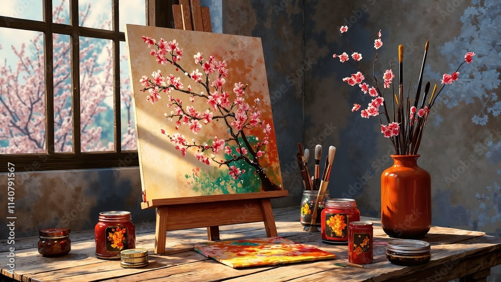 Sunlit Artist Studio with Cherry Blossom Painting and Creative Supplies Sunlit Artist Studio with Cherry Blossom Painting and Creative Supplies