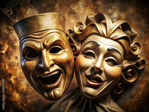 Vintage Comedy Drama Masks Photo:  Sepia Tones, Theatrical Masks,  Funny & Dramatic Expressions, Old Photo Style photo