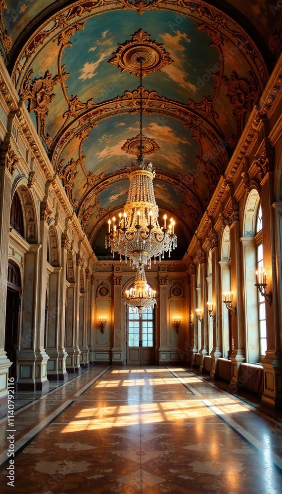 Grand hall with frescoed ceilings and ornate chandeliers, lighting, art nouveau Grand hall with frescoed ceilings and ornate chandeliers, lighting, art nouveau