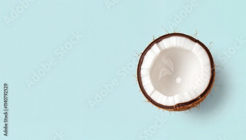 Half coconut with white flesh on light blue background