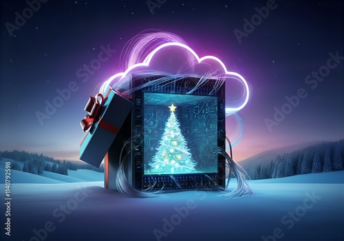 Cyberpunk Christmas Gift: A Futuristic Digital Tree Unveiled in a Neon Cloud-Shaped Box, Winter Wonderland Setting.  High-Resolution 3D Render.