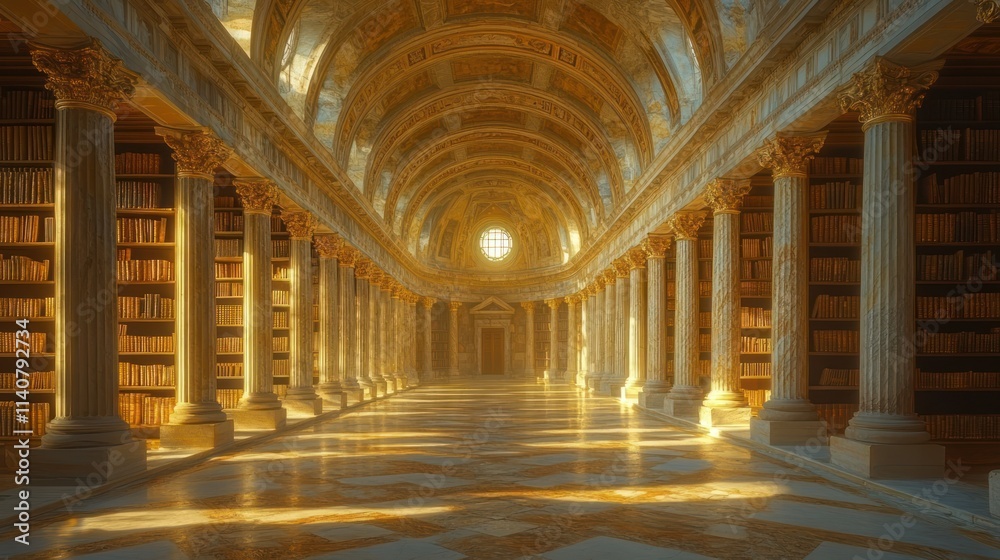 Obraz premium Sunlit classical library, columns, and ancient books.