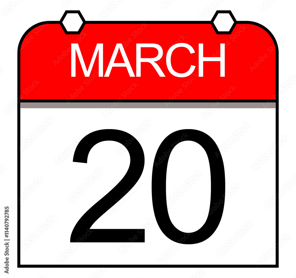 March 20, daily calendar page icon. March 20, daily calendar page icon.