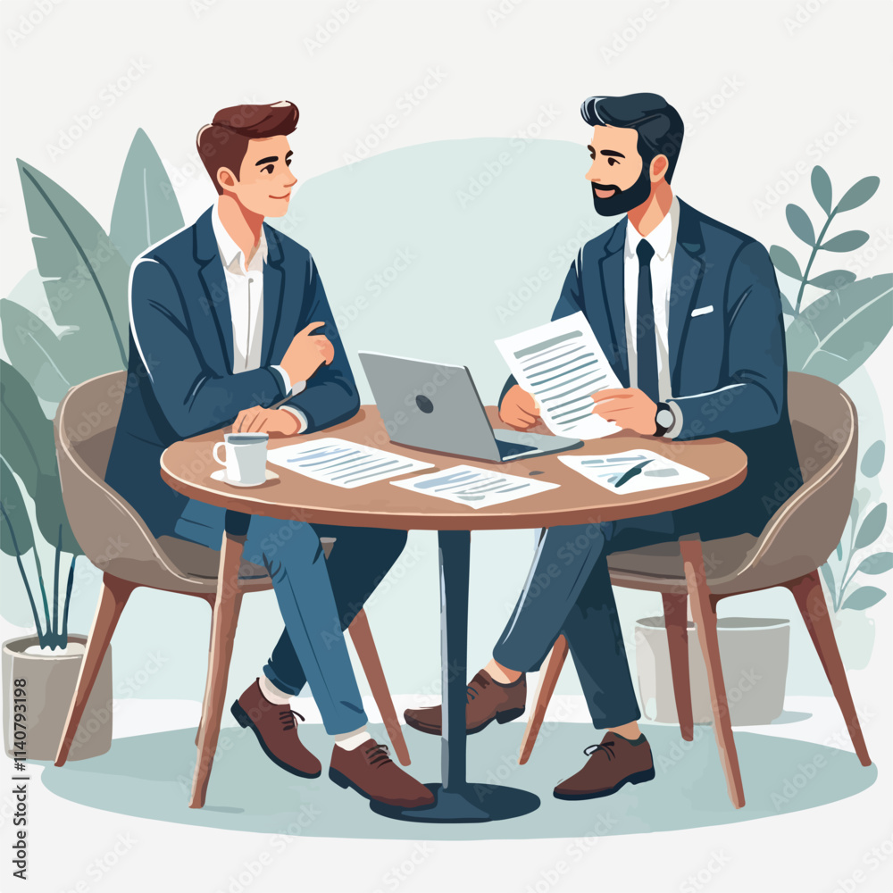 Obraz premium Partners meeting for business discussion with documents and laptop on desk. Couple at round table, speaking, discussing work, partnership. Flat vector on a white background