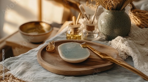 luxurious spa setting with a facial massage being performed using a gua sha tool and nourishing oils. photo