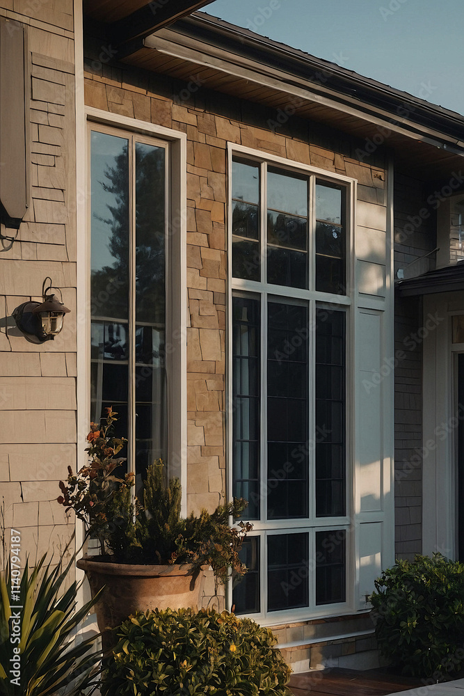 Exterior view of a house showcasing beige siding, brown stone accents, and large multi-paned windows. Landscaping includes potted plants and shrubs. The scene is illuminated by natural sunlight. Exterior view of a house showcasing beige siding, brown stone accents, and large multi-paned windows. Landscaping includes potted plants and shrubs. The scene is illuminated by natural sunlight.