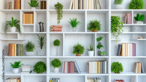 Modern white bookcase decorated with green plants and books