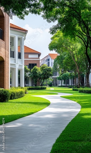 Lush Green Pathway Through Modern Architecture in Serene Landscape with Trees and Clear Blue Sky