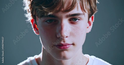 Close-Up Portrait of a Teen Boy with Blue Eyes and Brown Hair in Soft Lighting, Highlighting a Calm Expression and Youthful Features photo