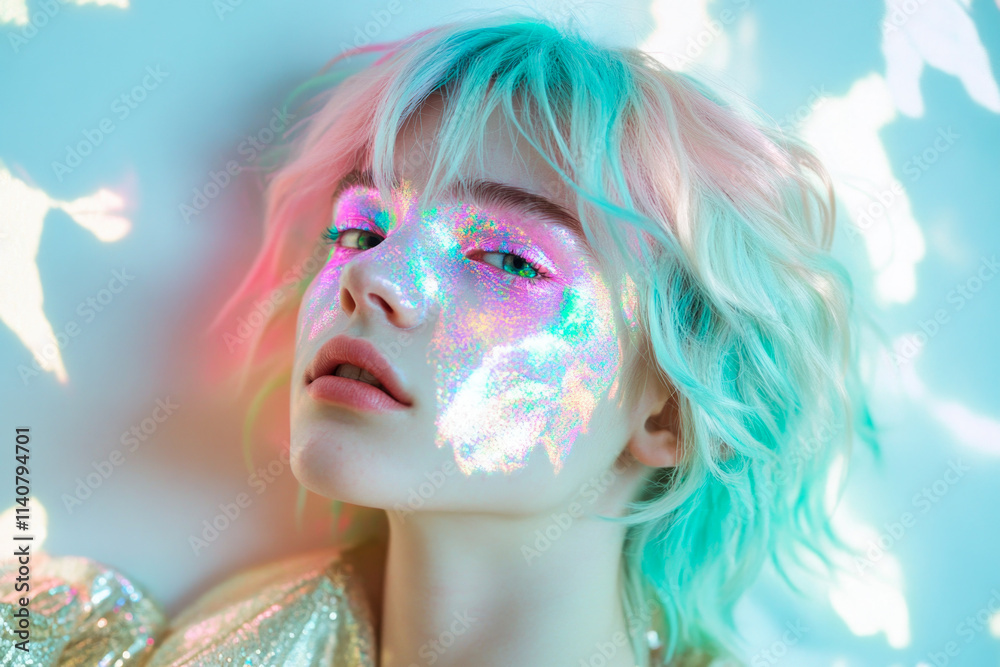 Young caucasian female with colorful glitter face art in bright lighting Young caucasian female with colorful glitter face art in bright lighting