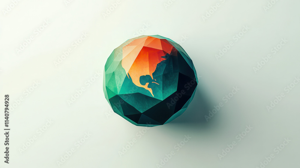 A polygonal paper-cut Earth sphere, sleek contemporary design with bold hues of emerald green, sunset orange, and deep blue, flawless white background, subtle sheen on geometric surfaces, high resolut A polygonal paper-cut Earth sphere, sleek contemporary design with bold hues of emerald green, sunset orange, and deep blue, flawless white background, subtle sheen on geometric surfaces, high resolut