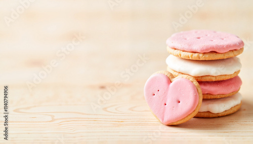 Heart-shaped pink and white frosted cookies on wooden surface