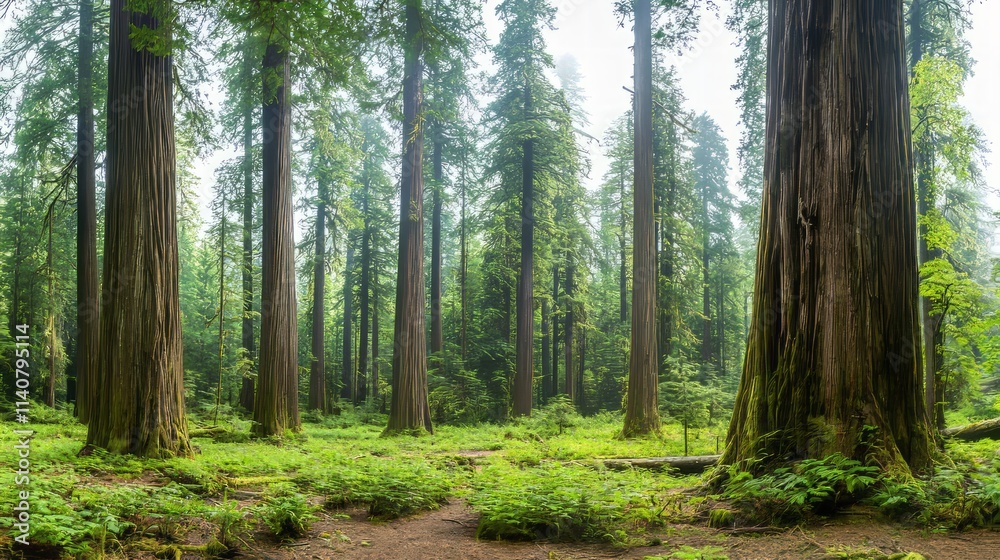 A serene forest scene featuring towering trees and lush greenery. A serene forest scene featuring towering trees and lush greenery.