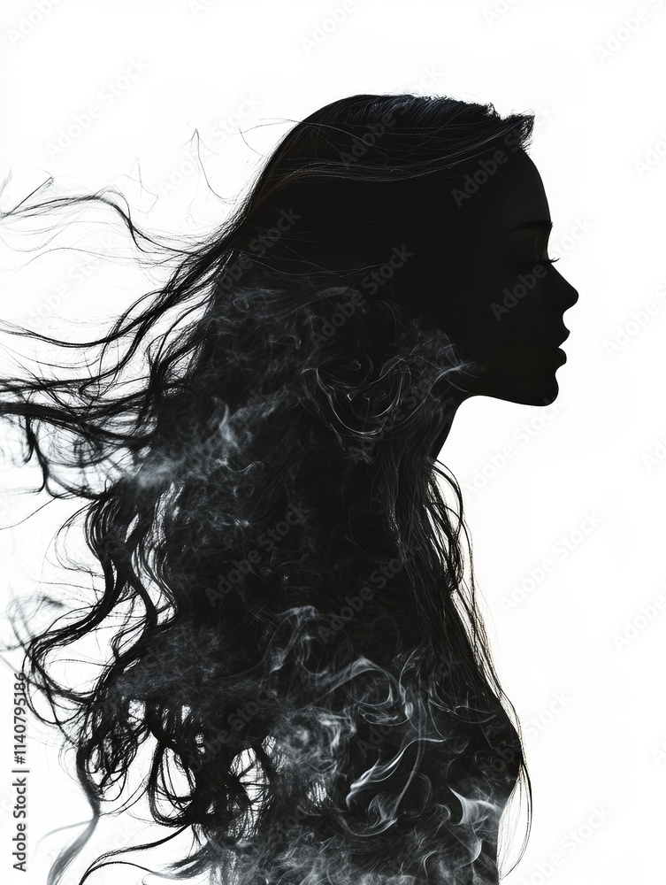 Silhouette of a Woman with Flowing Hair - A black and white silhouette of a woman, her long hair flowing like smoke, symbolizing mystery, freedom, transformation, elegance, and grace. Silhouette of a Woman with Flowing Hair - A black and white silhouette of a woman, her long hair flowing like smoke, symbolizing mystery, freedom, transformation, elegance, and grace.