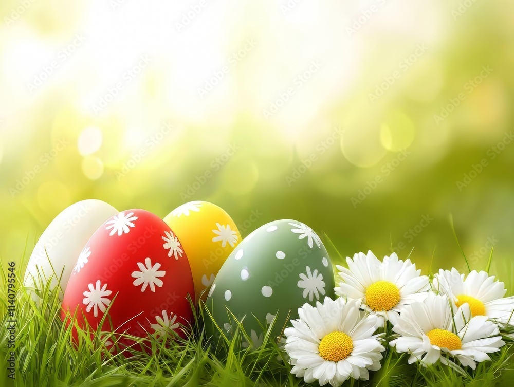Easter Eggs, Spring Flowers, and Green Grass: A Festive Holiday Scene Easter Eggs, Spring Flowers, and Green Grass: A Festive Holiday Scene