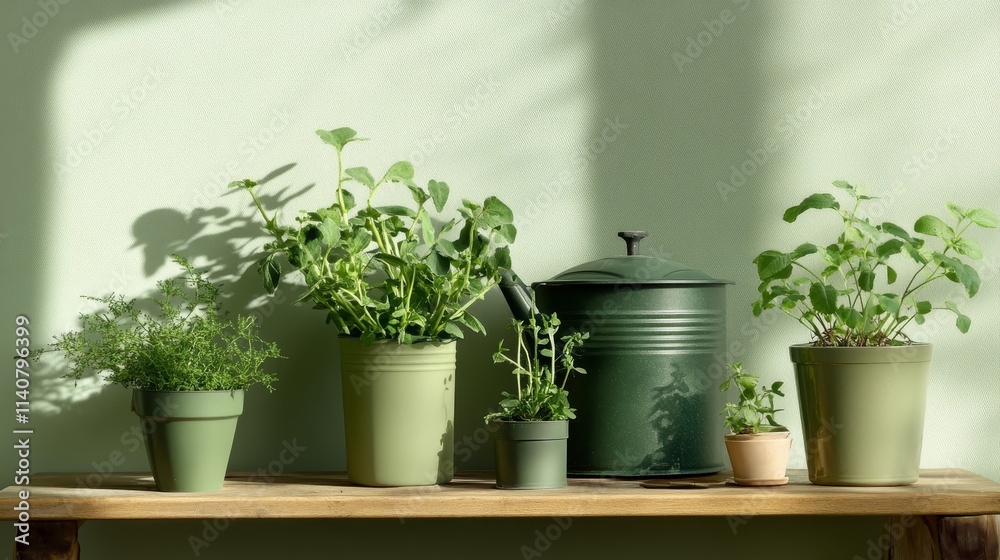 Potting Bench Garden Station Supplies - Green herbs, plants, and watering can on a rustic wooden potting bench, symbolizing growth, nature, freshness, tranquility, and gardening. Potting Bench Garden Station Supplies - Green herbs, plants, and watering can on a rustic wooden potting bench, symbolizing growth, nature, freshness, tranquility, and gardening.