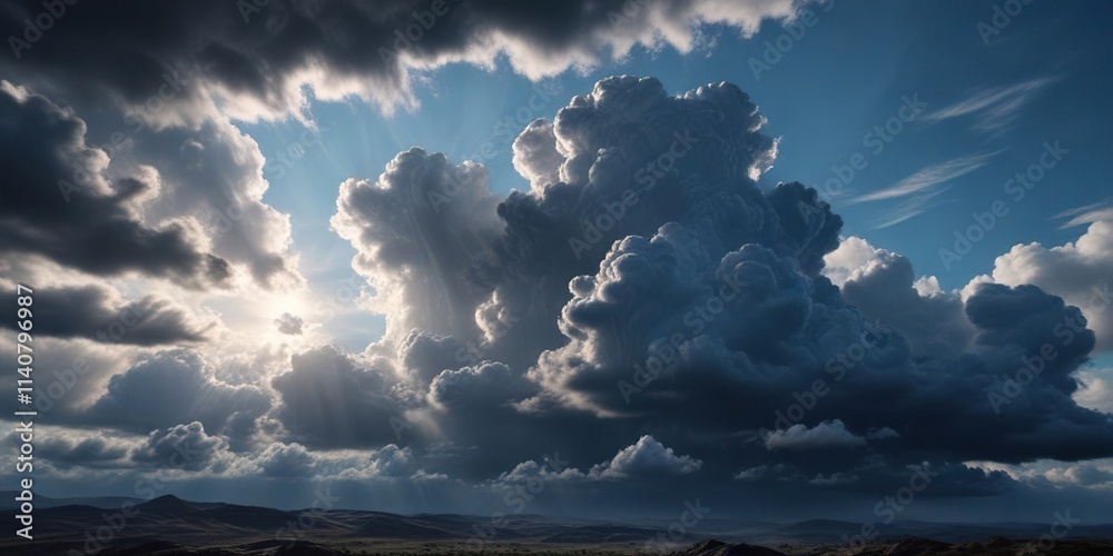 Obraz premium Thick layers of dark clouds create a vast shade in the blue sky, shaded landscape, shadowy veil