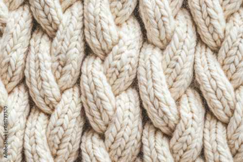 Close-up of thick braided beige wool yarn texture in knit pattern photo