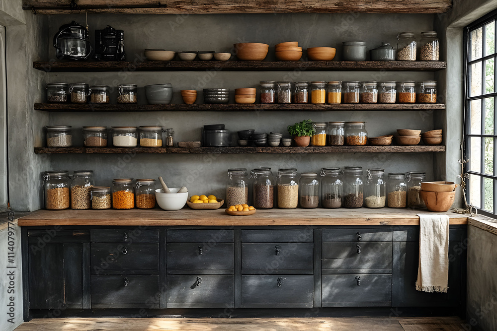 Rustic kitchen with wooden shelves displaying jars of spices, grains, and utensils in a cozy atmosphere Rustic kitchen with wooden shelves displaying jars of spices, grains, and utensils in a cozy atmosphere
