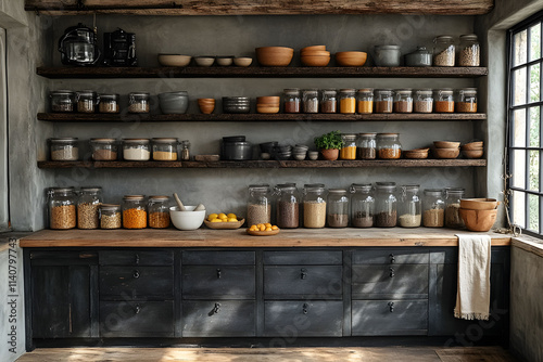 Wallpaper Mural Rustic kitchen with wooden shelves displaying jars of spices, grains, and utensils in a cozy atmosphere Torontodigital.ca