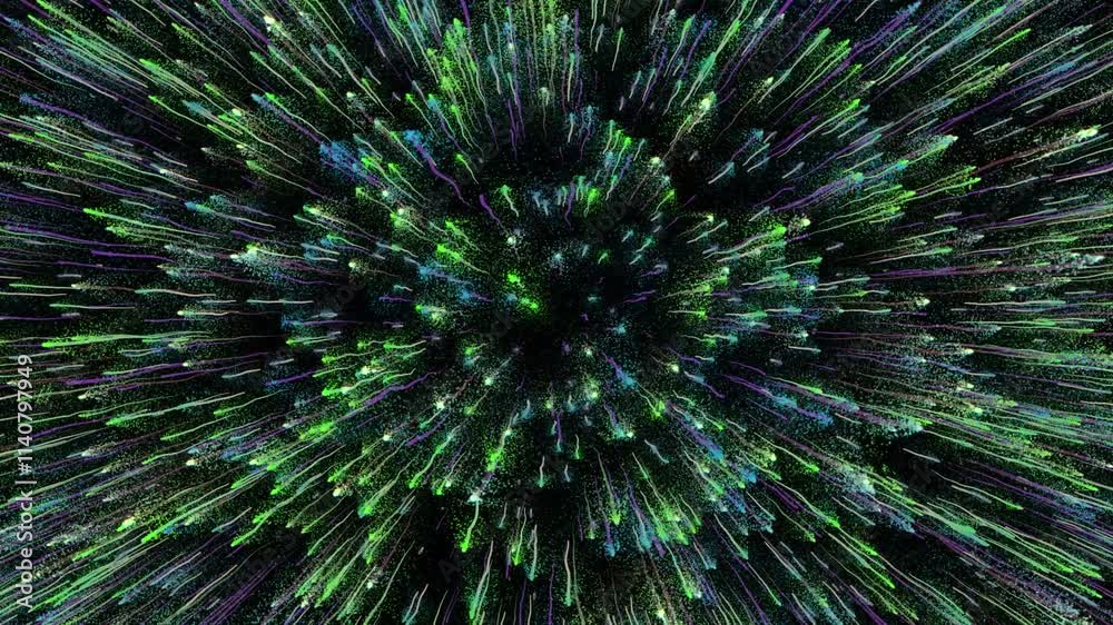 Green energy lights fireworks moving in black background. 3d animation Green energy lights fireworks moving in black background. 3d animation