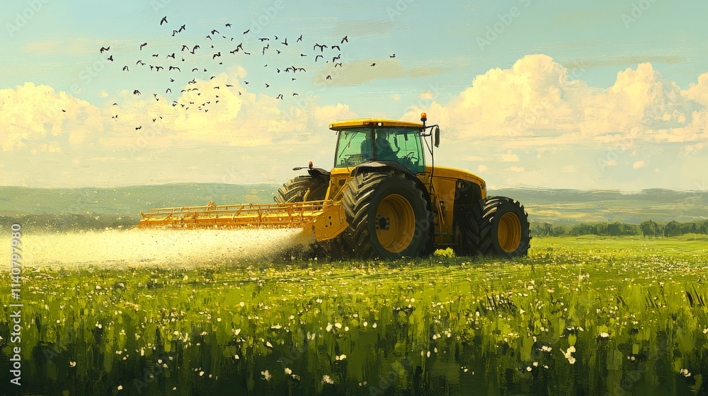 Fototapeta premium A modern yellow tractor spreading fertilizer over a vibrant green alfalfa field, with a flock of birds flying in the sky and the scene illuminated by warm, late-afternoon sunlight