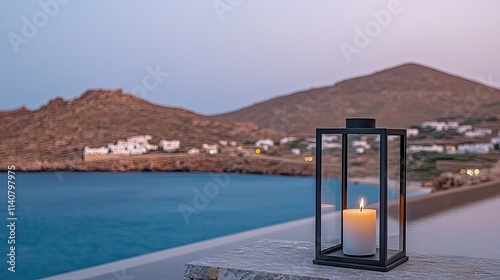 A black metal lantern with a candle sits by an infinity pool  casting a warm glow against the evening sky overlooking the Mediterranean