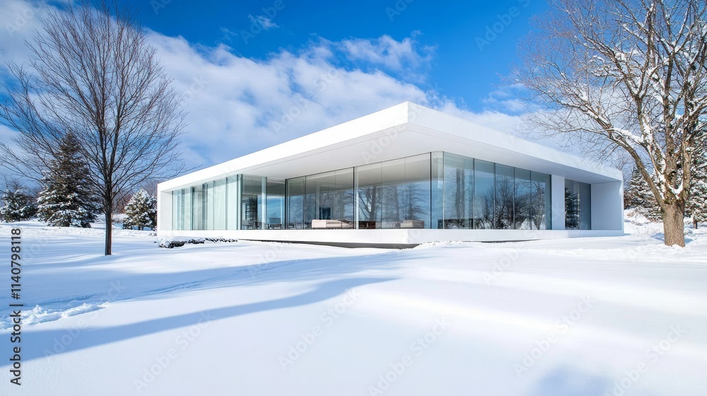 Modern Winter House Design - Sleek architecture, winter landscape, glass facade, snowy setting, minimalist design. Represents peace, luxury, serenity, escape, and modern living. Modern Winter House Design - Sleek architecture, winter landscape, glass facade, snowy setting, minimalist design. Represents peace, luxury, serenity, escape, and modern living.