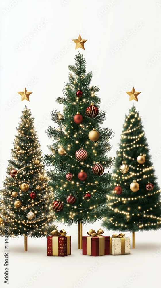 Set of beautifully decorated Christmas trees with festive ornaments, glowing lights, and ribbons on a white background. Perfect for holiday-themed designs. Set of beautifully decorated Christmas trees with festive ornaments, glowing lights, and ribbons on a white background. Perfect for holiday-themed designs.