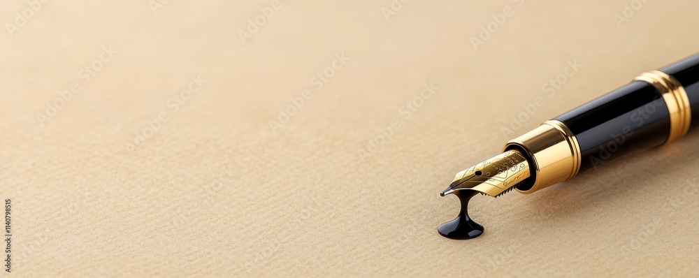Fototapeta premium A close-up of a fountain pen with a drop of ink poised over a blank page, highlighting elegance and the art of writing.
