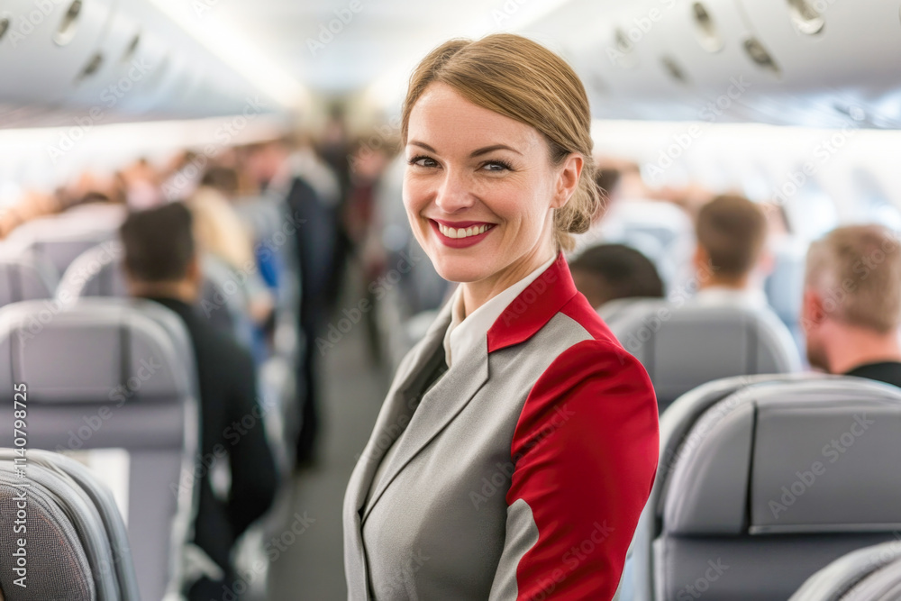 Smiling female flight attendant in uniform on passenger airplane aisle Smiling female flight attendant in uniform on passenger airplane aisle