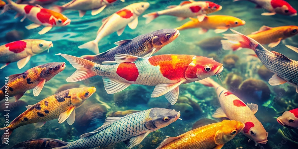 Fototapeta premium Vintage Koi Fish Flag Photography: Japanese Carp, Aquatic Life, Asian Culture, Retro Images, Old Photo, Antique Style