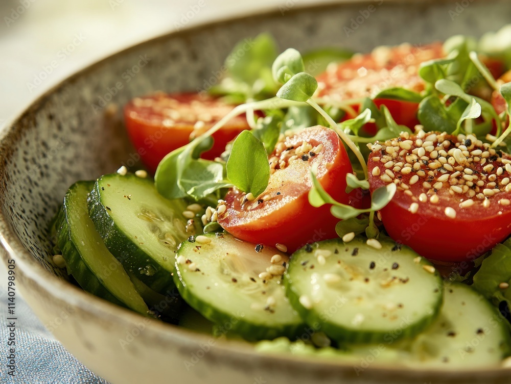 Freshly prepared healthy salad with sliced tomatoes and cucumbers, topped with sesame seeds and microgreens. Freshly prepared healthy salad with sliced tomatoes and cucumbers, topped with sesame seeds and microgreens.