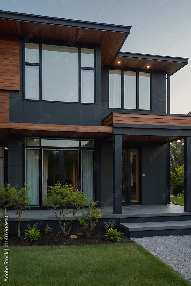 Modern house with dark gray siding, large windows, and brown wood accents. Landscaped front yard with shrubs and lawn. Covered entryway with dark gray pillars. Modern house with dark gray siding, large windows, and brown wood accents. Landscaped front yard with shrubs and lawn. Covered entryway with dark gray pillars.