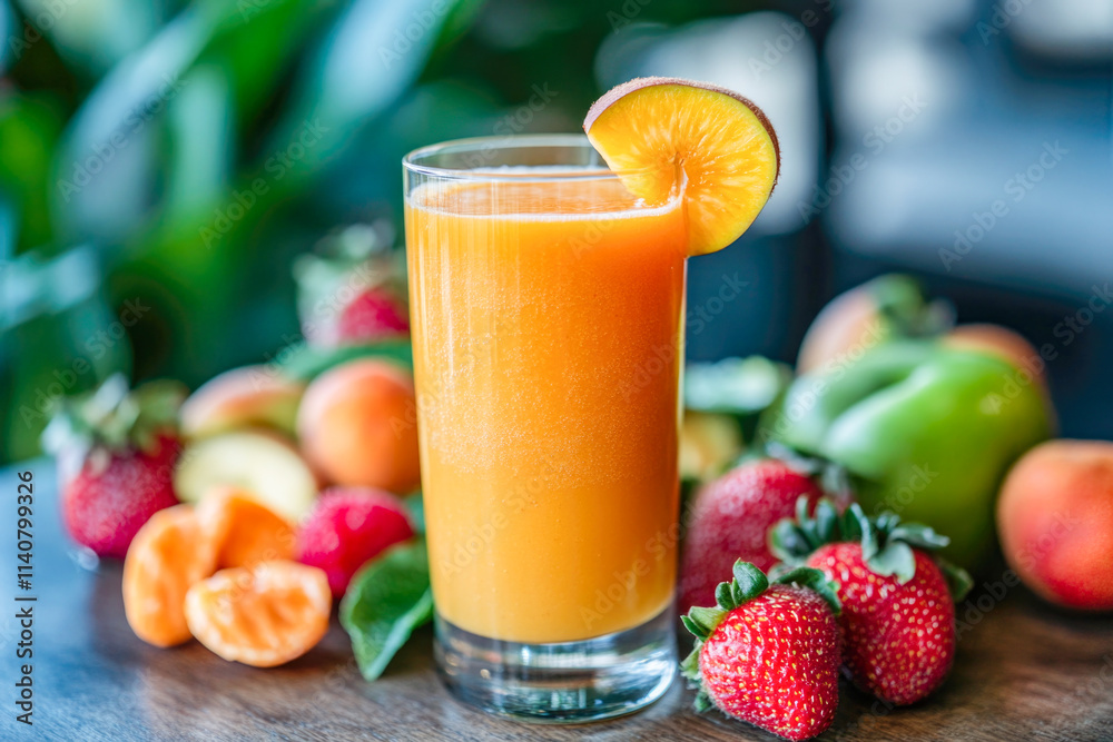Refreshing glass of orange juice with fresh fruits in vibrant setting Refreshing glass of orange juice with fresh fruits in vibrant setting