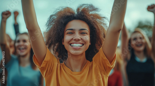 Woman Raises Arms in a Lively Crowd photo