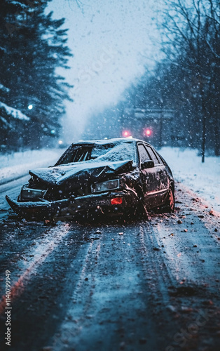 Damaged car wreck in the middle of a snowy road during heavy winter snowfall, icy surface, and dangerous conditions with faint emergency lights in a cold, moody forest scene photo